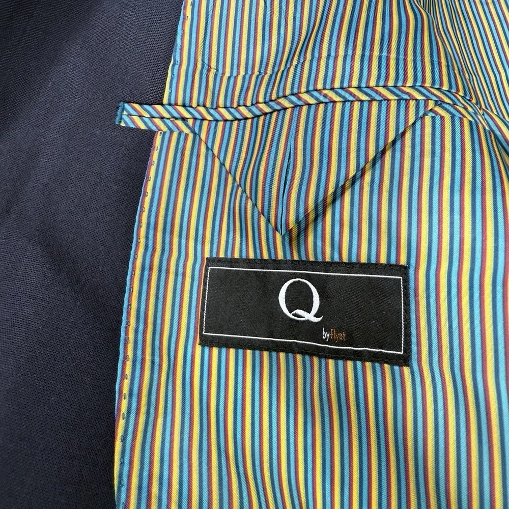 Q by Flynt Blazer Mens 44R Navy Journey 100% Wool Double Vented‎ Striped Lined